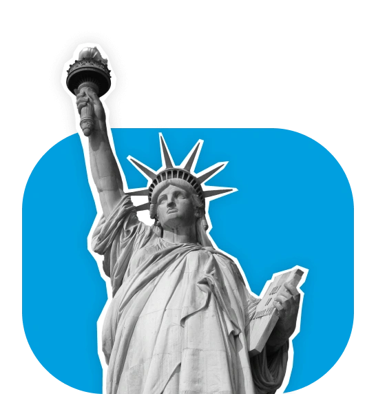 Statua della Libertà che tiene una torcia e una tavoletta con sfondo blu